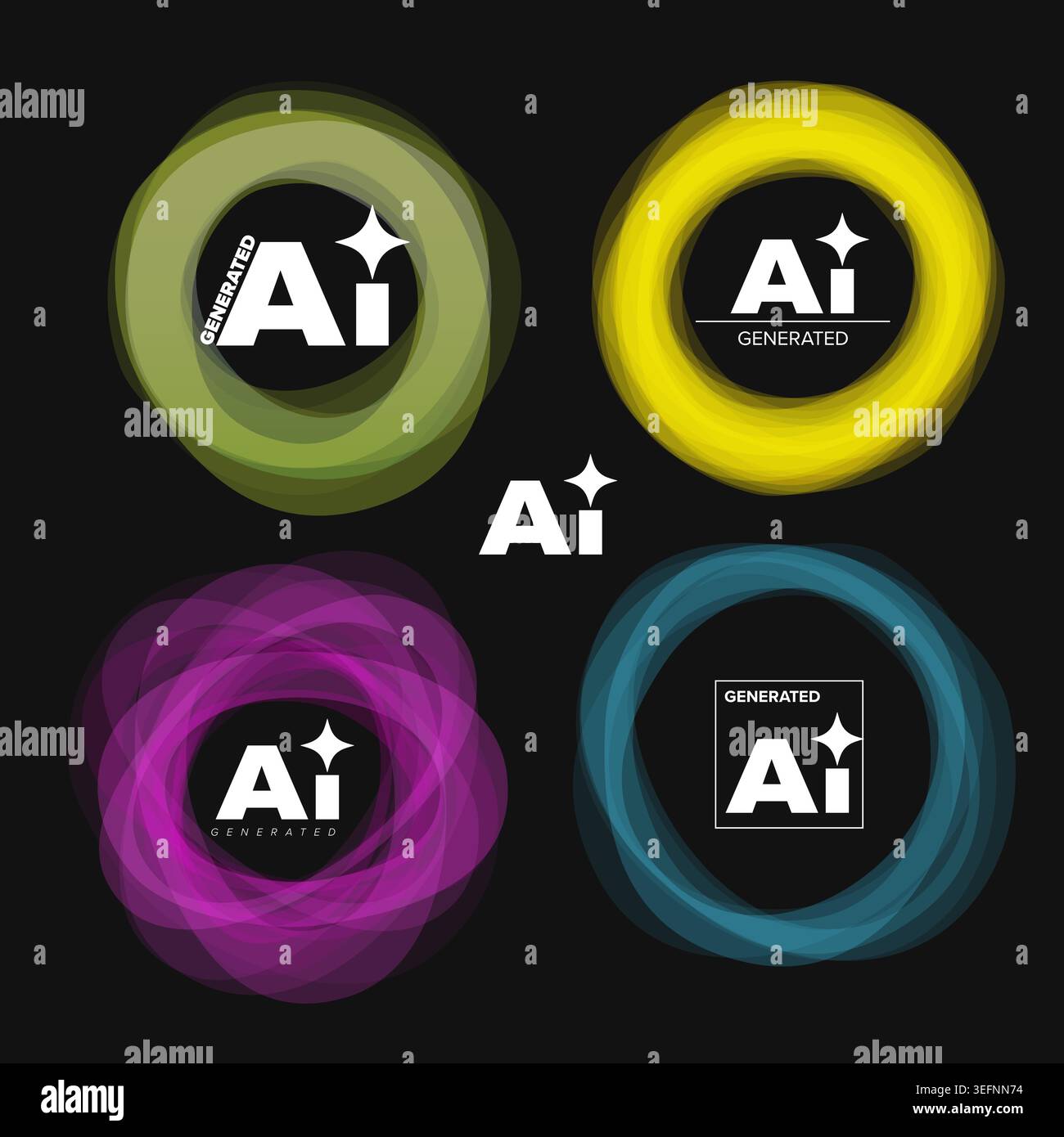 Una raccolta di etichette generate dall'intelligenza artificiale con cerchi colorati al neon. Ogni logo ai mette in evidenza la potenza dell'intelligenza artificiale attraverso il design moderno Illustrazione Vettoriale