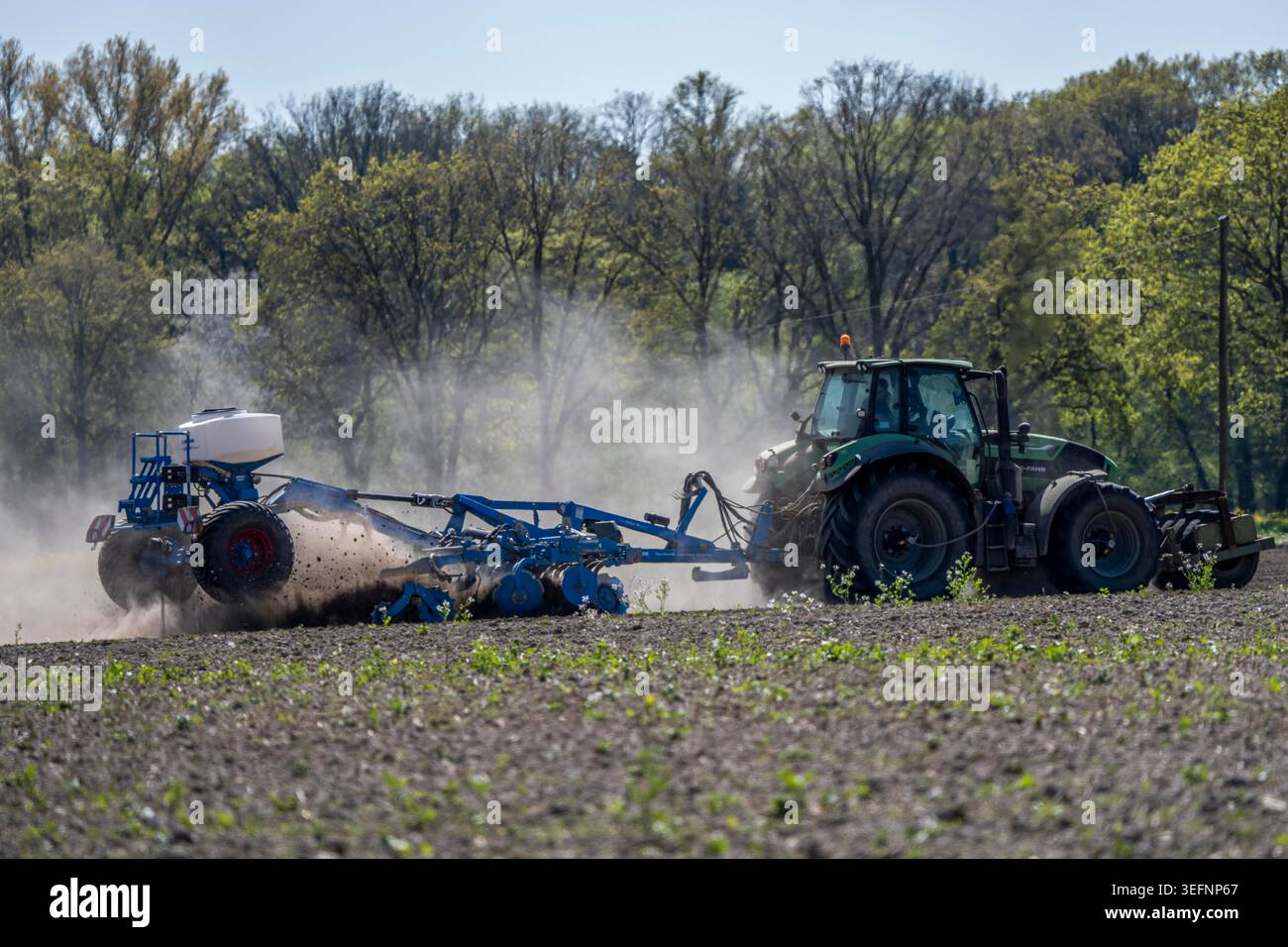 Un agricoltore lavora in un campo con un erpice a disco compatto Lemken Rubin 12, allentando il terreno e incorporando residui di raccolto in esso in preparazione di Foto Stock