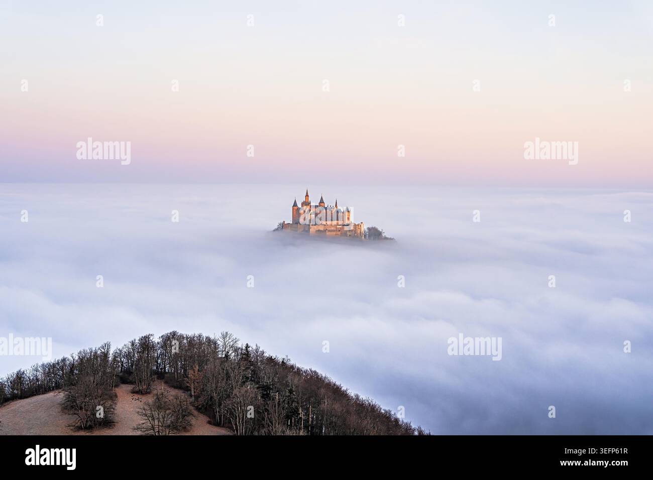 La vista del castello di Hohenzollern che emerge dalla nebbia dal Corno Zeller è spettacolare. Foto Stock