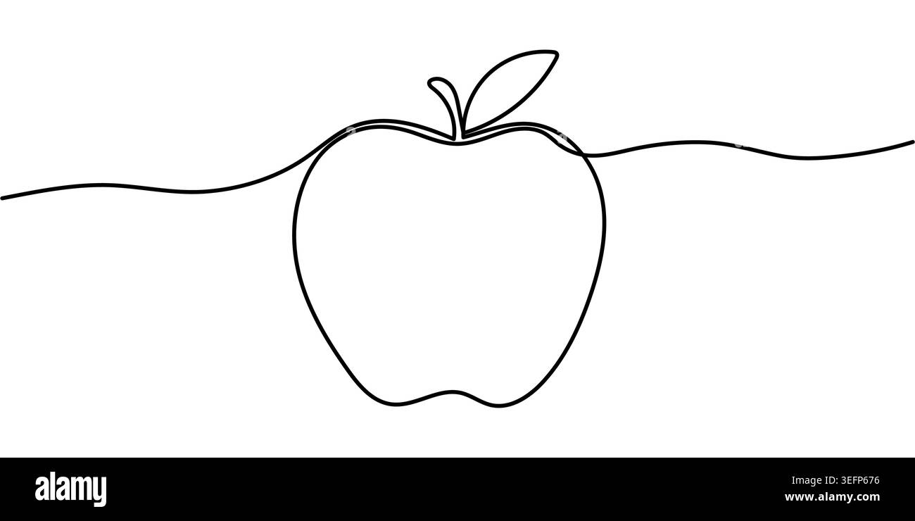 Disegno continuo di una mela con una foglia, disegno minimalista bianco e nero a una linea, illustrazione vettoriale di frutta fresca. Illustrazione Vettoriale