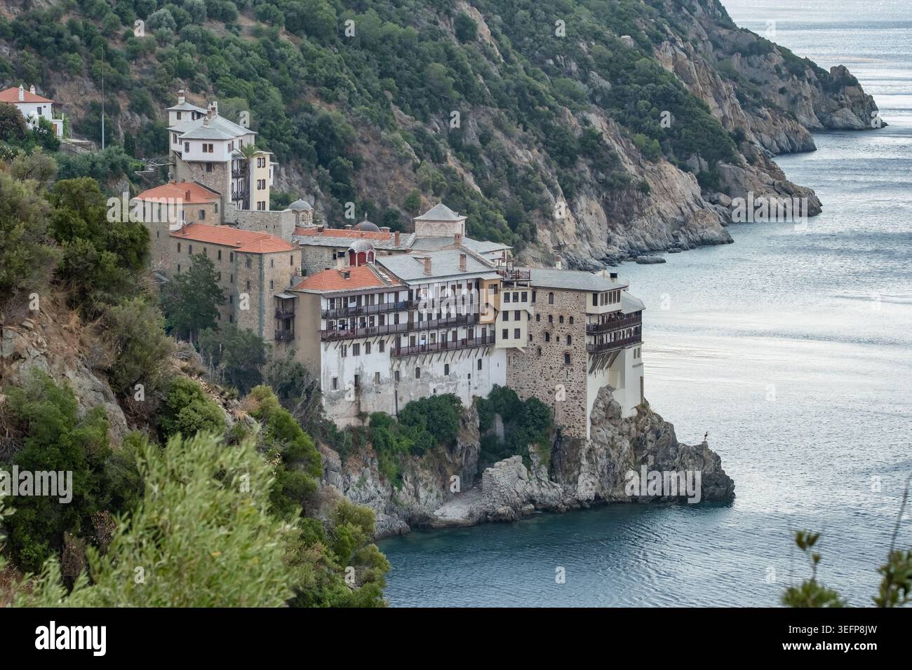 Vista dall'alto del monastero Gregoriou, Monte Athos Foto Stock