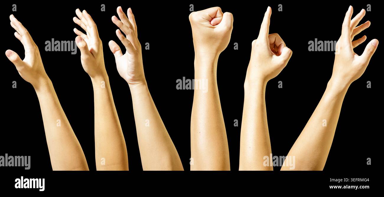 Mani multiple che si avvicinano con gesti diversi. Gesti della mano umana. Sfondo isolato. . Foto di alta qualità Foto Stock