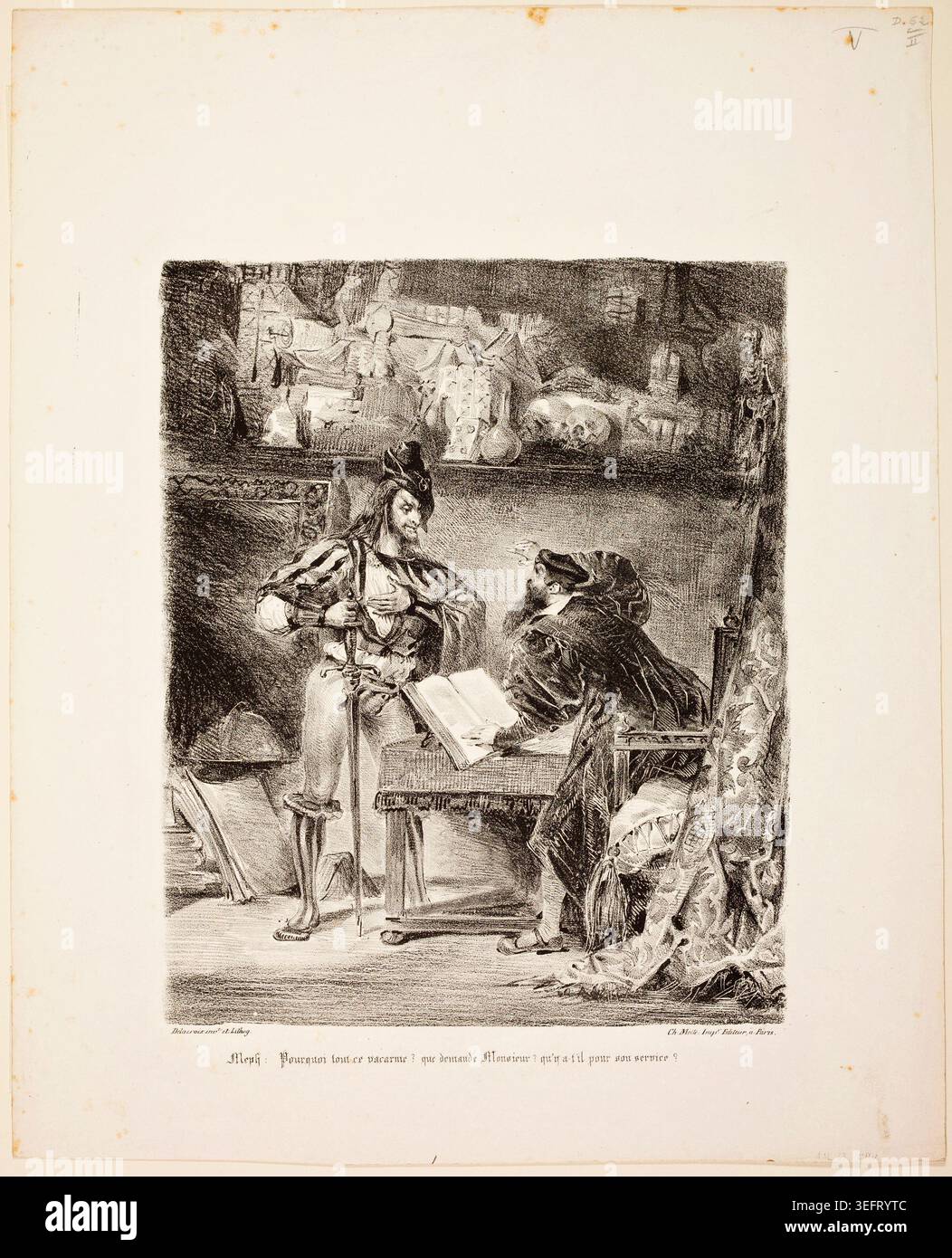Mefistofele che appaiono a Faust di Eugène Delacroix, 1828, raffigurante l'incontro soprannaturale tra il leggendario studioso e il demone, ambientato in una camera scarsamente illuminata con sculture classiche Foto Stock