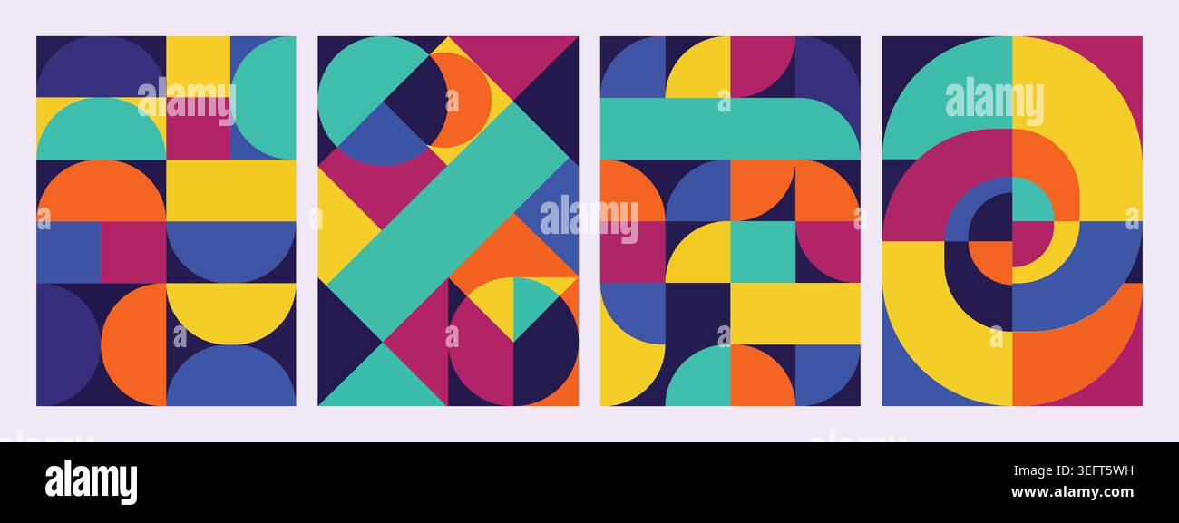 Sfondo geometrico minimalista con forme vivaci e motivi a mosaico. Illustrazione Vettoriale
