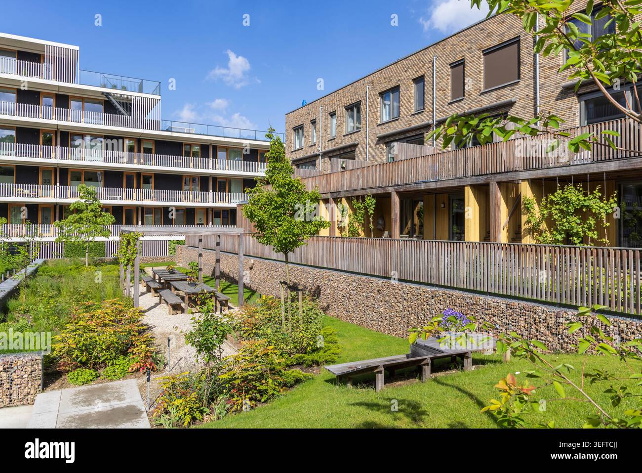 Soleggiato cortile comune con letti verdi, balconi in legno e facciate in mattoni in un moderno complesso residenziale nella zona suburbana di Foto Stock