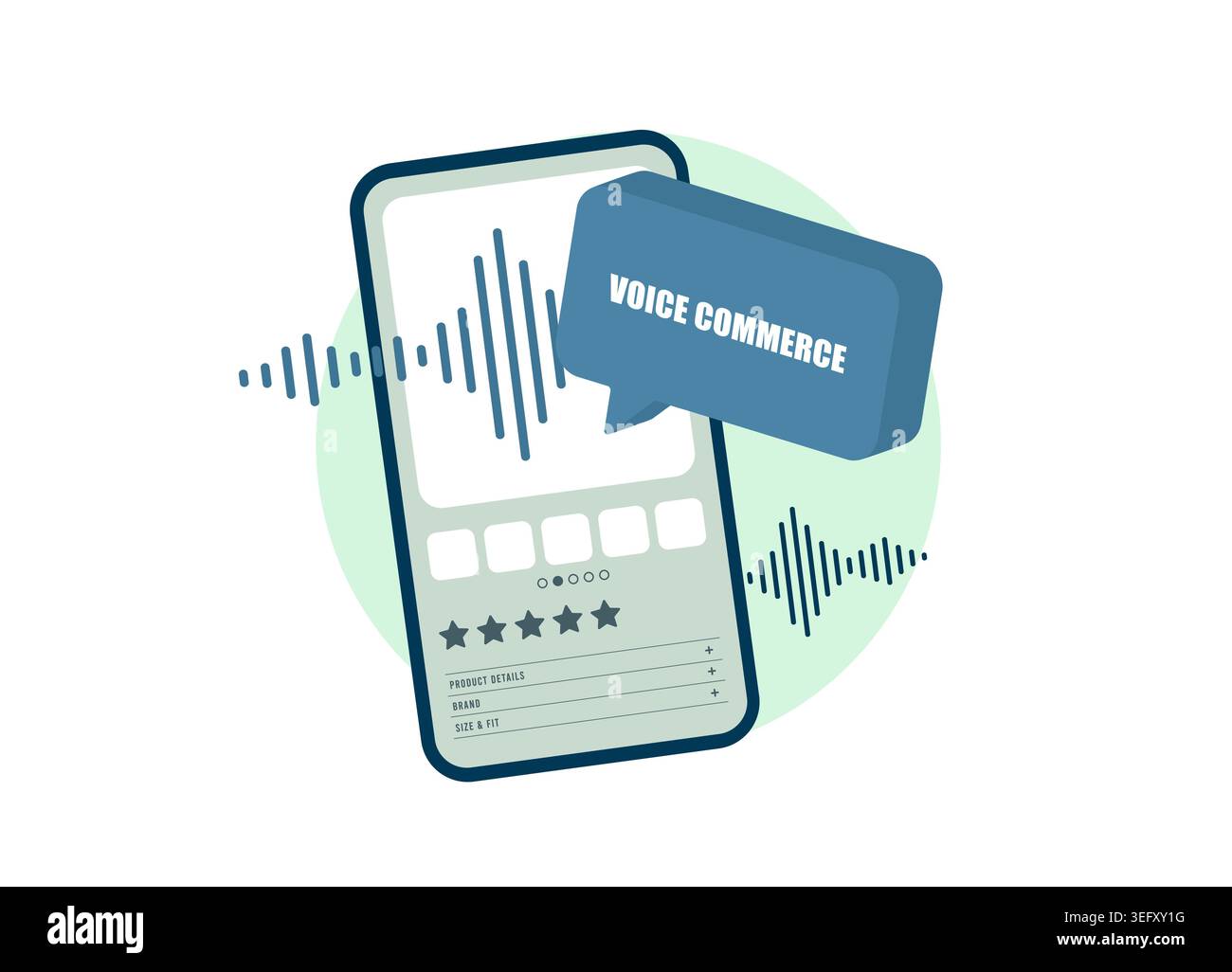 Commercio vocale con shopping vocale e ricerca audio nell'interfaccia mobile. Utilizzare l'assistente vocale per la ricerca e l'acquisto dei prodotti nell'app di e-commerce con valutazione e illustrazione vettoriale dei dati dei prodotti. Illustrazione Vettoriale