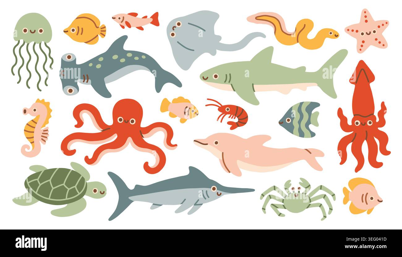 Sotto la raccolta di vettori di animali marini. Simpatici squali, polpi, tartarughe, meduse, granchi e pesci. Colorate illustrazioni di vita oceanica per bambini Illustrazione Vettoriale