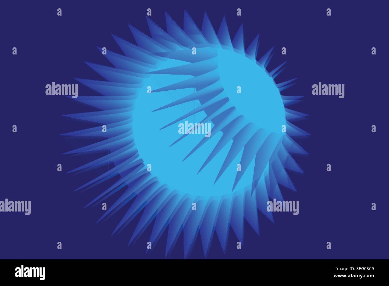 Un'esplosione di sole astratta blu irradia dal centro su uno sfondo blu scuro, creando un effetto visivo sorprendente Illustrazione Vettoriale