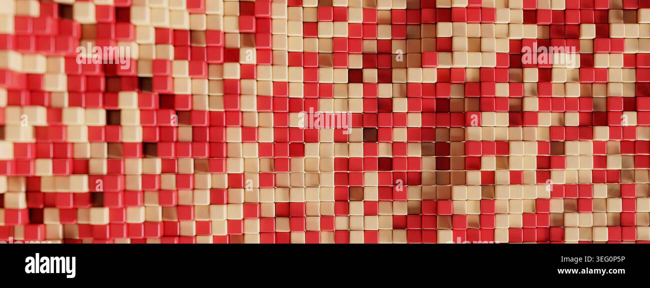 Ampia illustrazione 3DCG panoramica di blocchi cuboidali rossi e crema che formano una densa texture astratta a mosaico per il design di striscioni. Adatto per il des. Commerciale Foto Stock