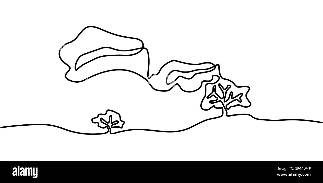 Disegno a linee continue di paesaggi minimalisti con alberi, disegno vettoriale bianco e nero a linee singole di natura rurale. Illustrazione Vettoriale