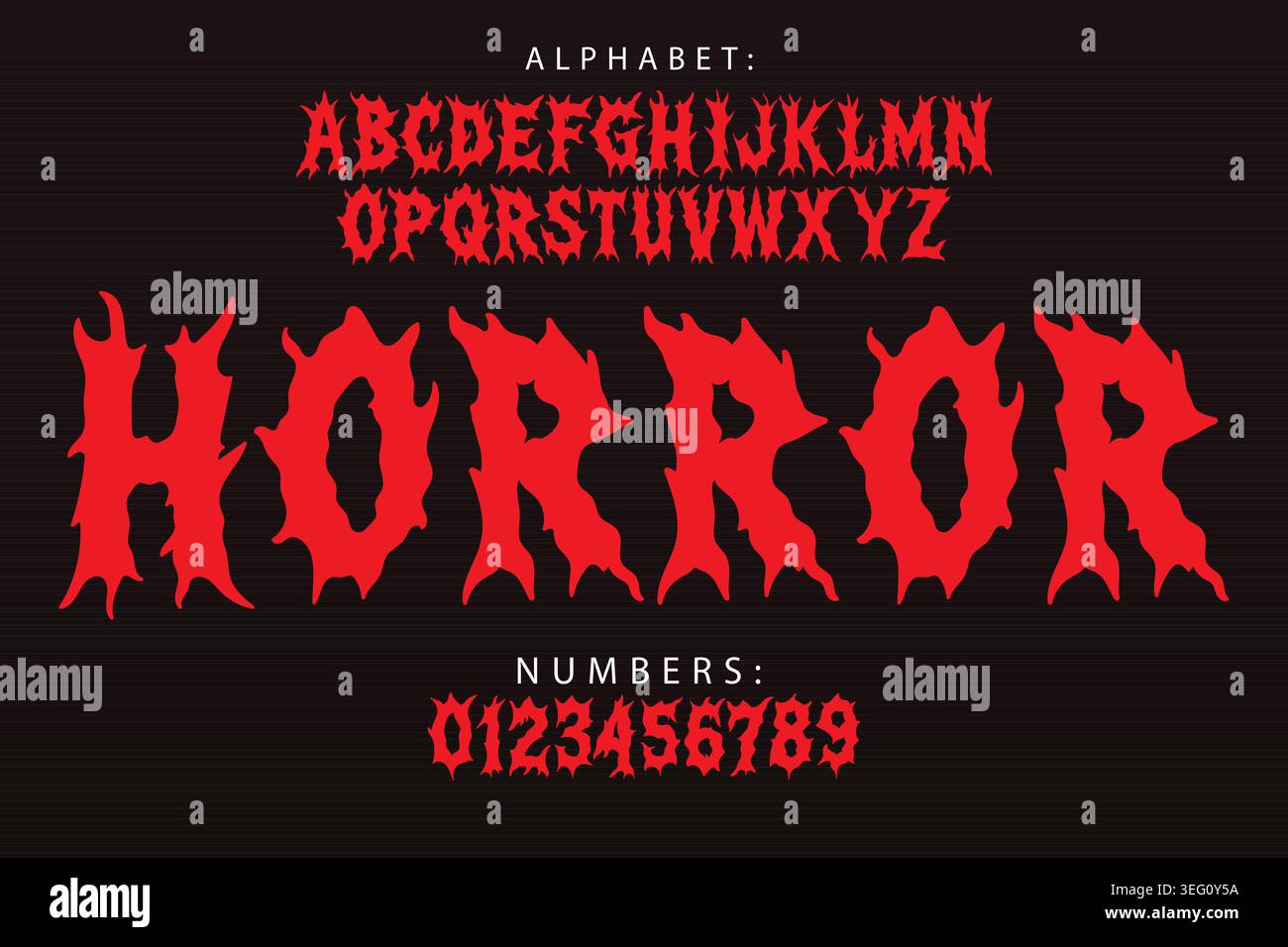 Carattere alfabetico horror con effetto sangue, caratteri gotici spettrali e un design raccapricciante. Tipografia spaventosa dell'orrore. Illustrazione Vettoriale