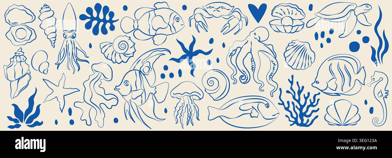 Animali marini, coralli, conchiglie, meduse, polpi, tartaruga di mare, pesci tropicali della barriera corallina in stile art doodle Illustrazione Vettoriale