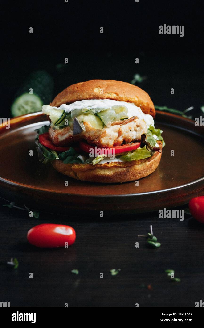 Gustoso hamburger di pesce con verdure fresche su una superficie di legno scuro Foto Stock