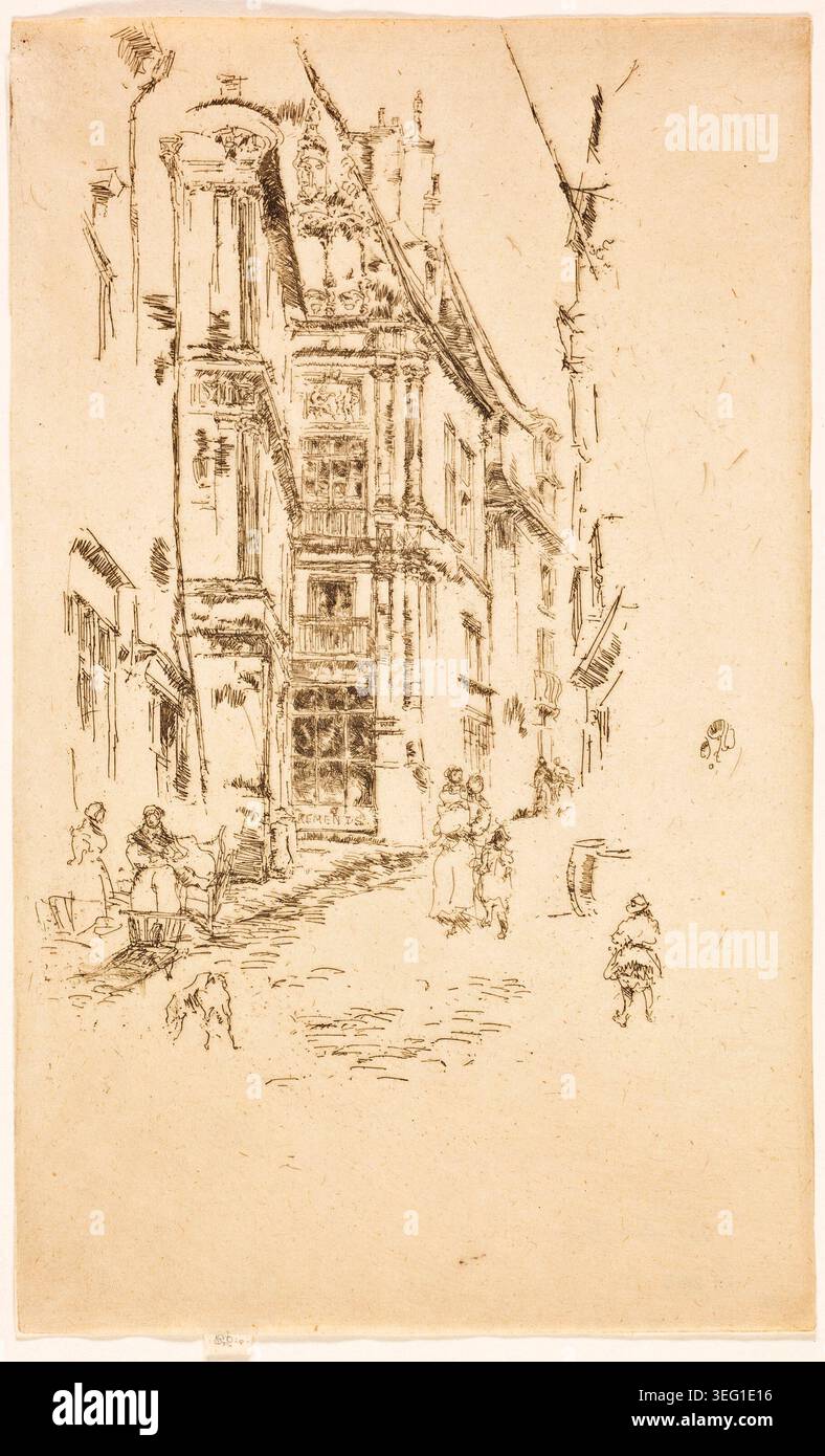 Chancellerie, Loches di James McNeill Whistler, 1888, raffigurante una torre medievale in pietra con dettagli architettonici ornati e figure raccolte in una stretta strada acciottolata sottostante Foto Stock