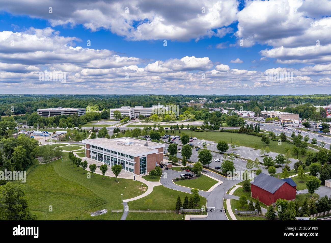 Un'ampia fotografia aerea del campus Brandywine della Wilmington University di New Castle, Delaware, che mostra l'intera superficie del campus Foto Stock