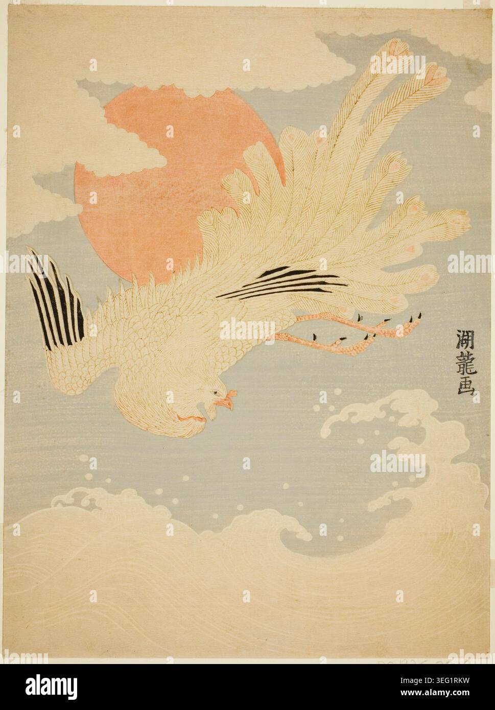 Phoenix vola sulle onde di fronte al sole del mattino di Isoda Koryusai, c. 1772, raffigurante una mitica fenice con un elaborato piumaggio che si innalza sopra acque turbolente sotto un sole nascente Foto Stock