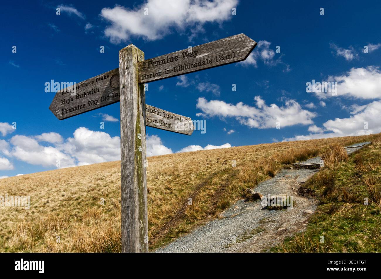 Cartello in legno sul percorso Yorkshire Three Peaks che mostra la direzione della Pennine Way Foto Stock