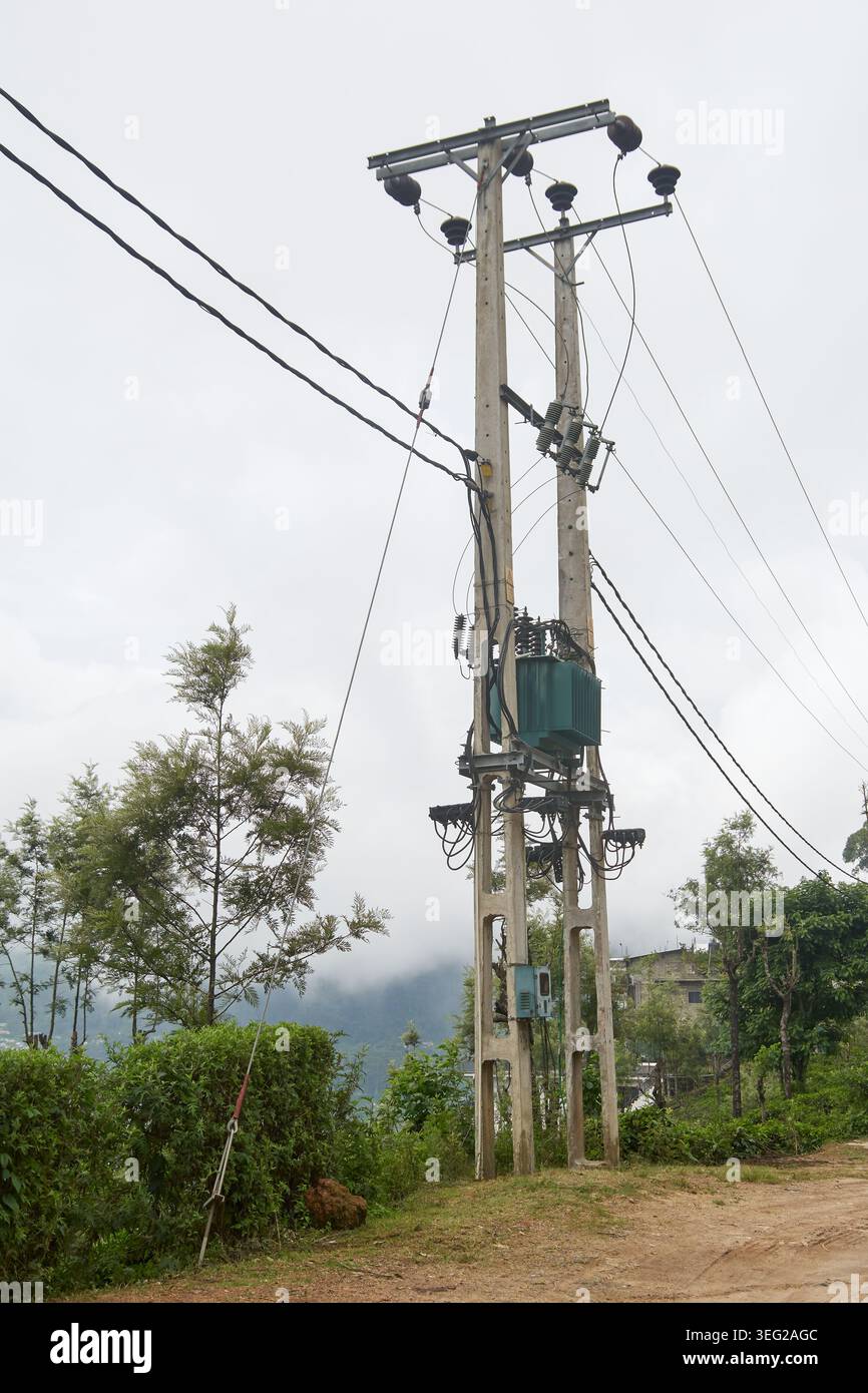 palo in calcestruzzo che supporta la scatola del trasformatore elettrico verde e le linee elettriche aeree, messa a fuoco morbida con spazio di copia Foto Stock