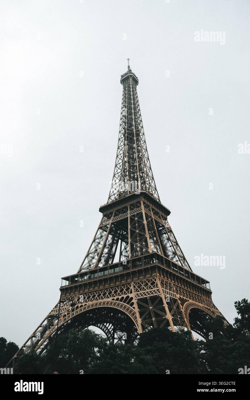 La Torre Eiffel, un simbolo iconico di Parigi, si erge maestosamente contro un cielo nuvoloso, mostrando la sua bellezza architettonica in mezzo alla vibrante città Foto Stock