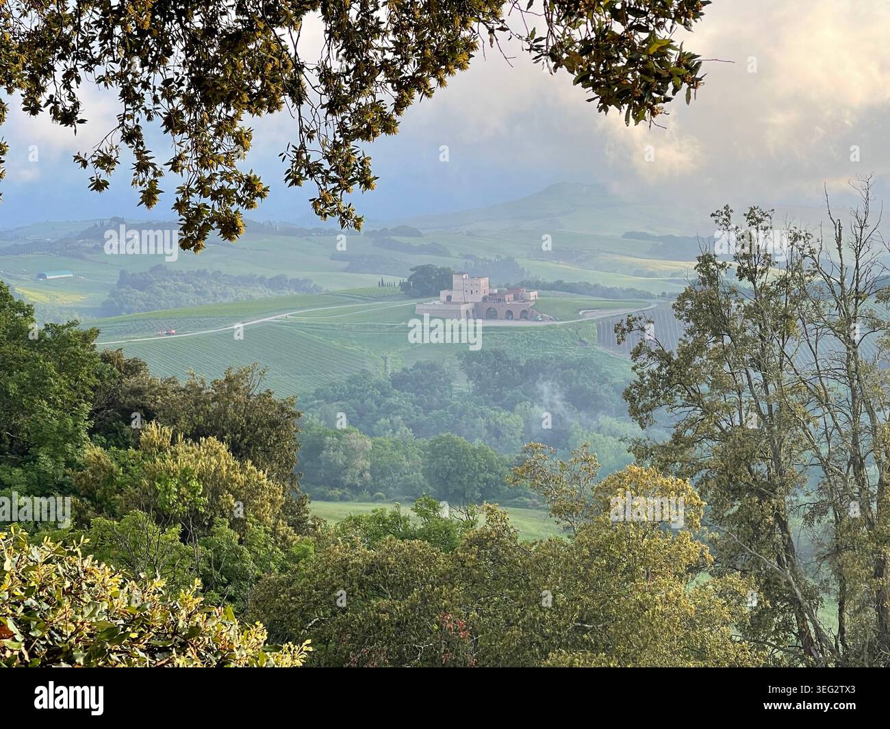 Vista panoramica da Borgo Pignano in Toscana, affacciata su una lussureggiante valle verde, che mostra la bellezza naturale della campagna italiana. Foto Stock