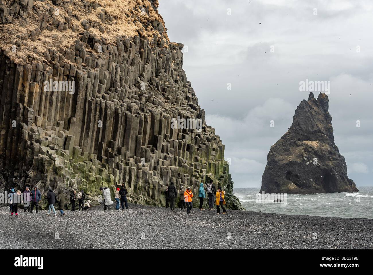 Reynisfjara, una meravigliosa spiaggia di sabbia nera che si trova vicino a Vik, sulla costa meridionale dell'Islanda, caratterizzata da colonne di basalto e da onde spettacolari Foto Stock