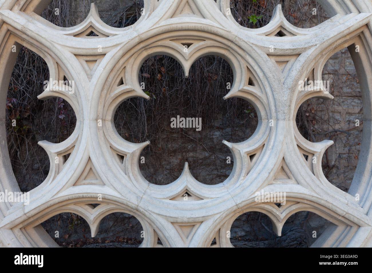 Dettagli di intricate murature decorative in mostra nei giardini dell'Hotel Sully nel quartiere Marais di Parigi Foto Stock