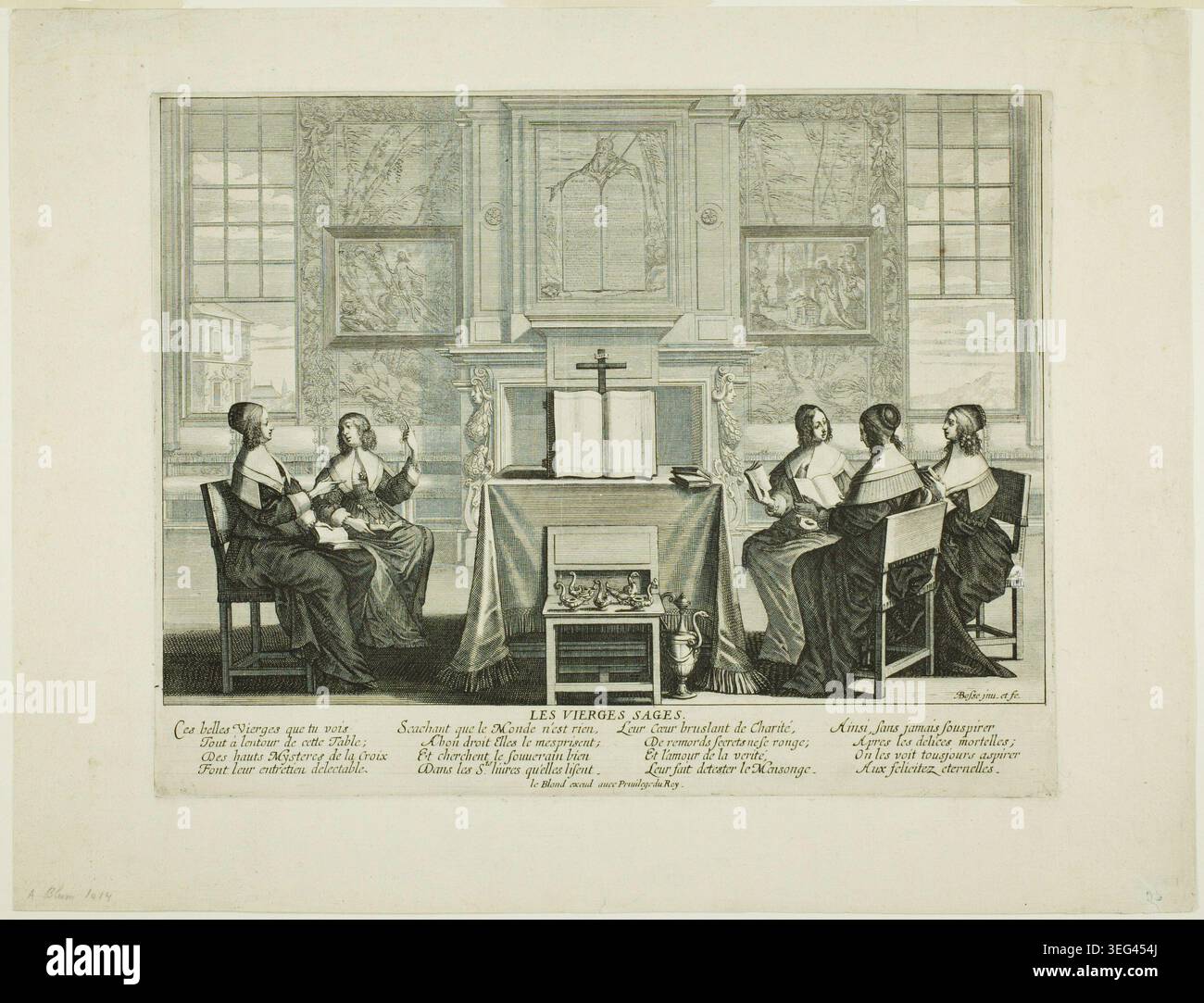 Tavola 1, dalle Vergini sagge e sciocche, tavola 1 di Abraham Bosse, 1635, raffigurante cinque giovani donne virtuose in un interno ornato, che studiano testi religiosi accanto ad un altare camino Foto Stock
