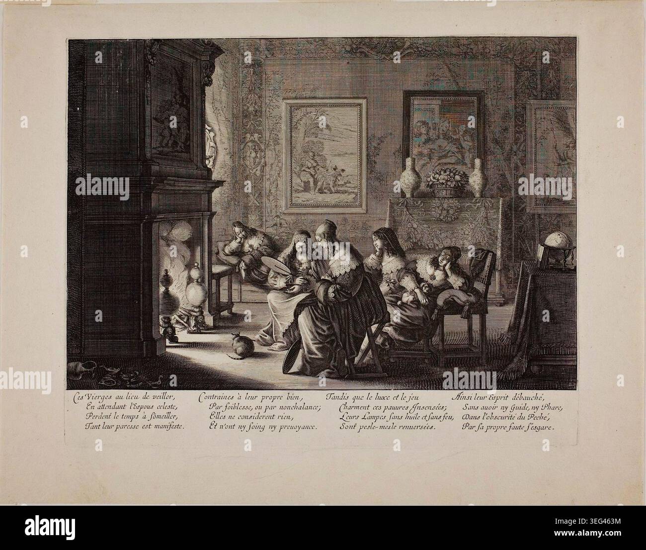 The Wise and Foolish Virgins, piatto cinque di Abraham Bosse, 1635, raffigurante donne impegnate in attività domestiche e conversazione all'interno di una camera interna elegantemente decorata Foto Stock