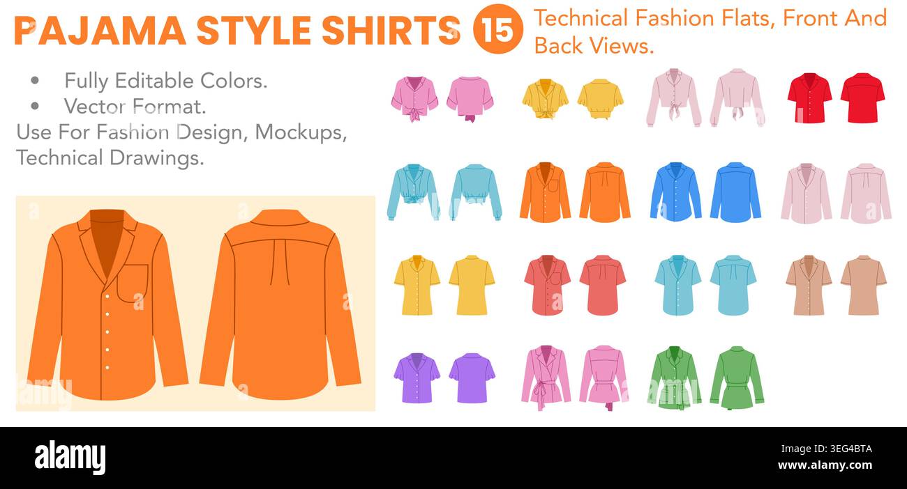 Set di camicie pigiama con scarpe basse tecniche alla moda modificabili, vista frontale e posteriore, versioni a colori, colletti aperti e silhouette a manica corta rilassata. Illustrazione vettoriale Illustrazione Vettoriale