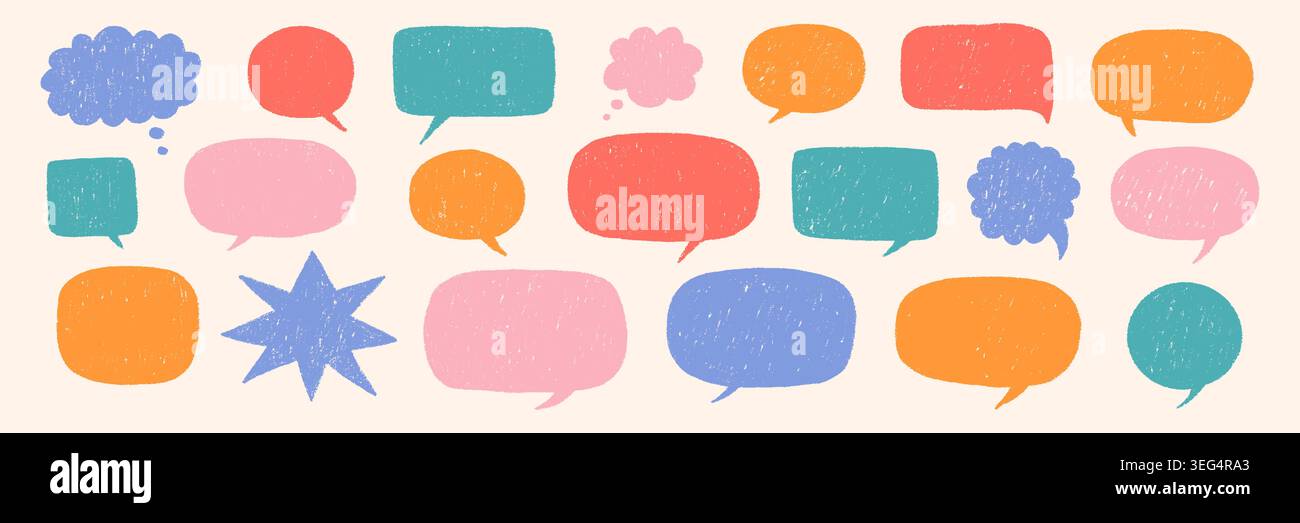 Bolle colorate disegnate a mano su sfondo chiaro. Simpatiche icone di chiacchierate, finestre di dialogo dei fumetti ed elementi dei messaggi per la comunicazione, i social media, gli adesivi e il design. Illustrazione Vettoriale