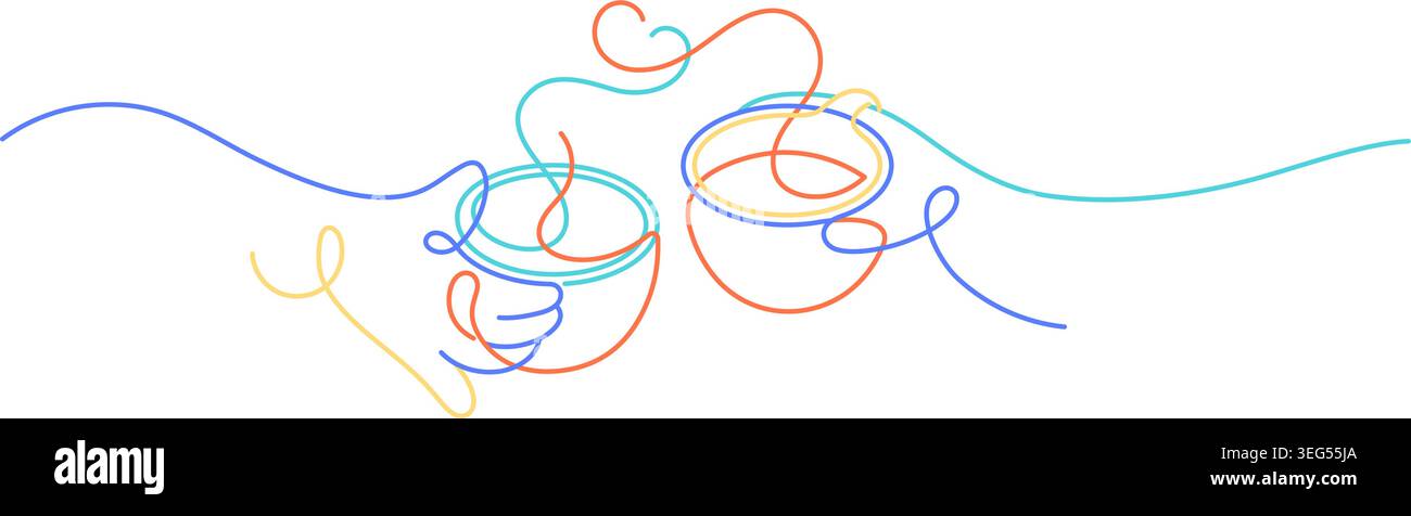 tostatura del caffè a linea singola, disegno minimalista a mano. allegra tazza da caffè che richiama due persone con linee sottili Illustrazione Vettoriale