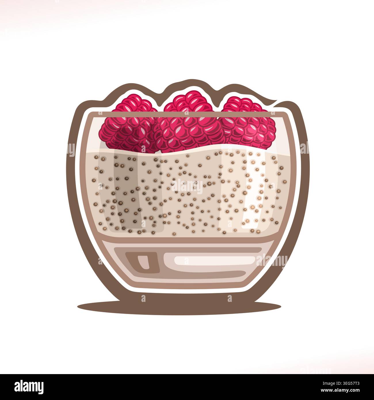 Logo vettoriale per budino di Chia, bicchiere trasparente con mousse al latte, lamponi freschi decorati per il menu del caffè, dolce sano di avena fatto in casa Illustrazione Vettoriale