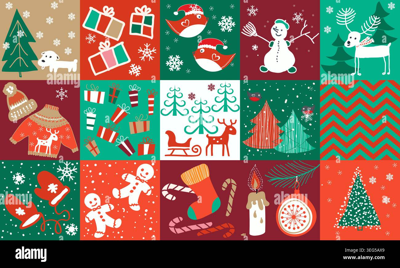 Motivo natalizio senza cuciture. Collage invernale. Sfondo invernale disegnato a mano da alberi di Natale, fiocchi di neve, scatola regalo. Patchwork. Vettore Illustrazione Vettoriale