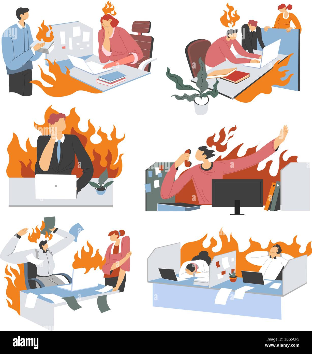 Dipendenti Office sovraccarichi di lavoro che subiscono gravi problemi di Burnout Illustrazione Vettoriale