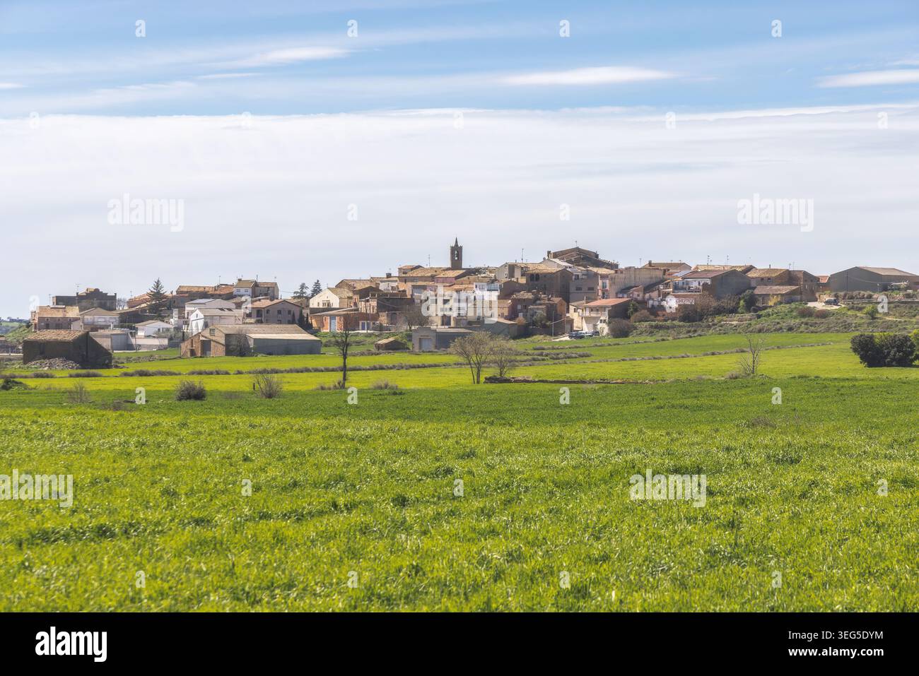 Un tranquillo paesaggio rurale caratterizzato dal pittoresco villaggio di Les Pallargues nel cuore della Catalogna. La scena presenta vivaci campi verdi e un Foto Stock