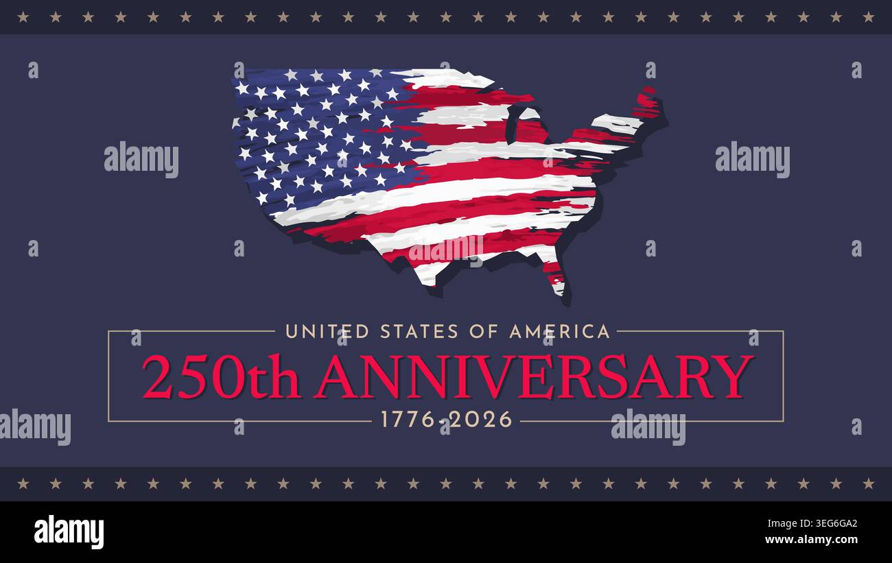 250° anniversario degli Stati Uniti. 250 anni di indipendenza. Banner 4 luglio usa giorno dell'indipendenza. Mappa di bandiera americana con tratti di pennello. 4 luglio Illustrazione Vettoriale