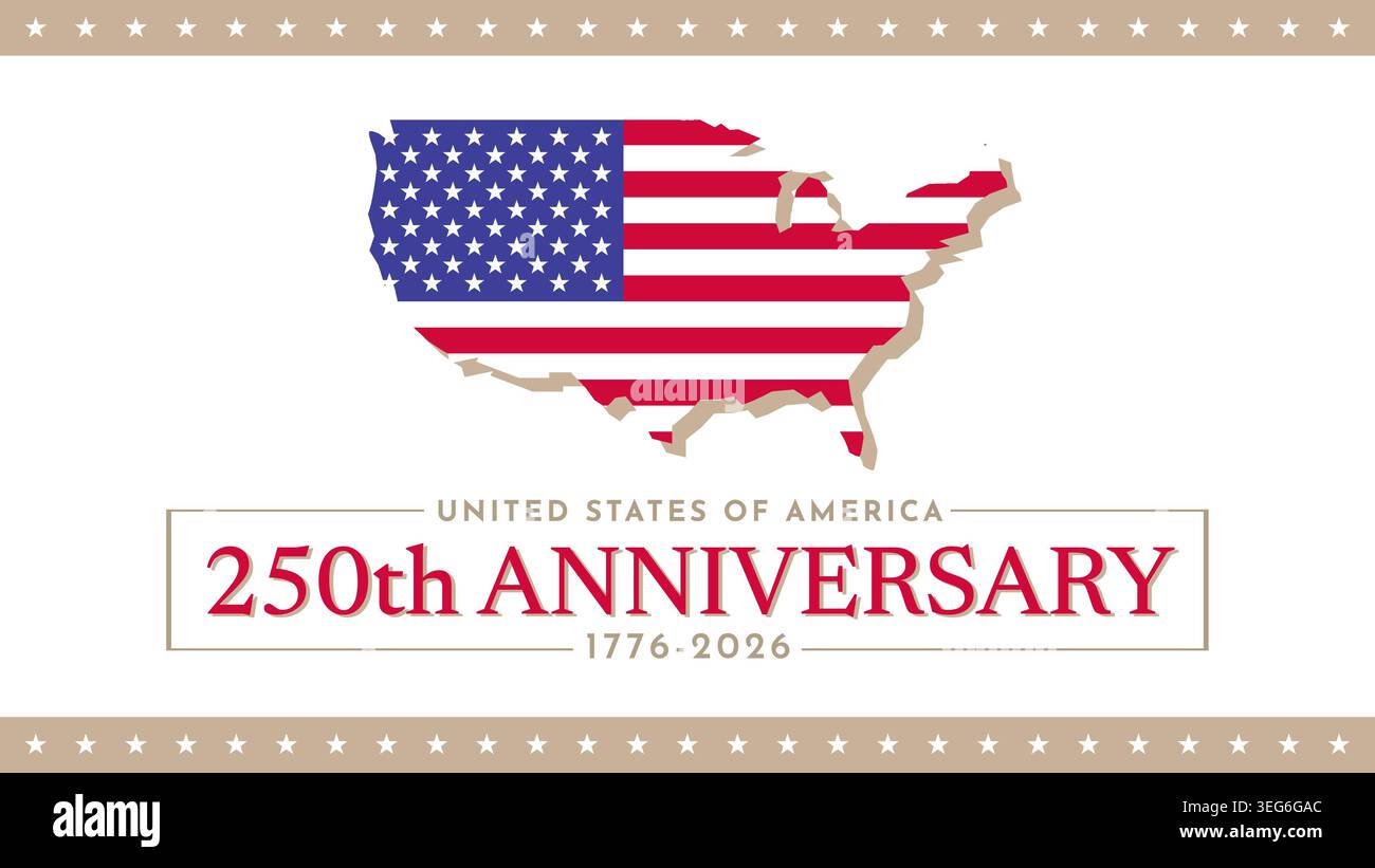 250° anniversario degli Stati Uniti. 250 anni di indipendenza. Banner 4 luglio usa giorno dell'indipendenza. Mappa della bandiera americana su sfondo bianco. 4 luglio Illustrazione Vettoriale