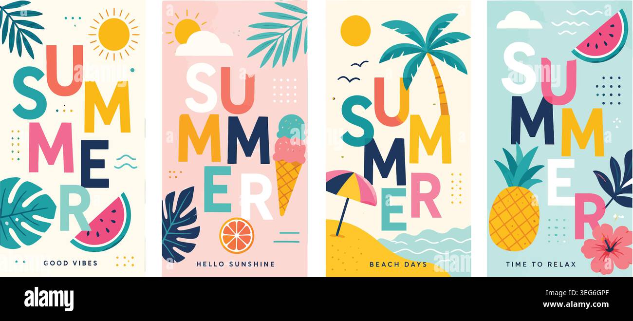 Storie di social media e modelli di banner per l'estate con Flat Vector colorato Illustrazione Vettoriale