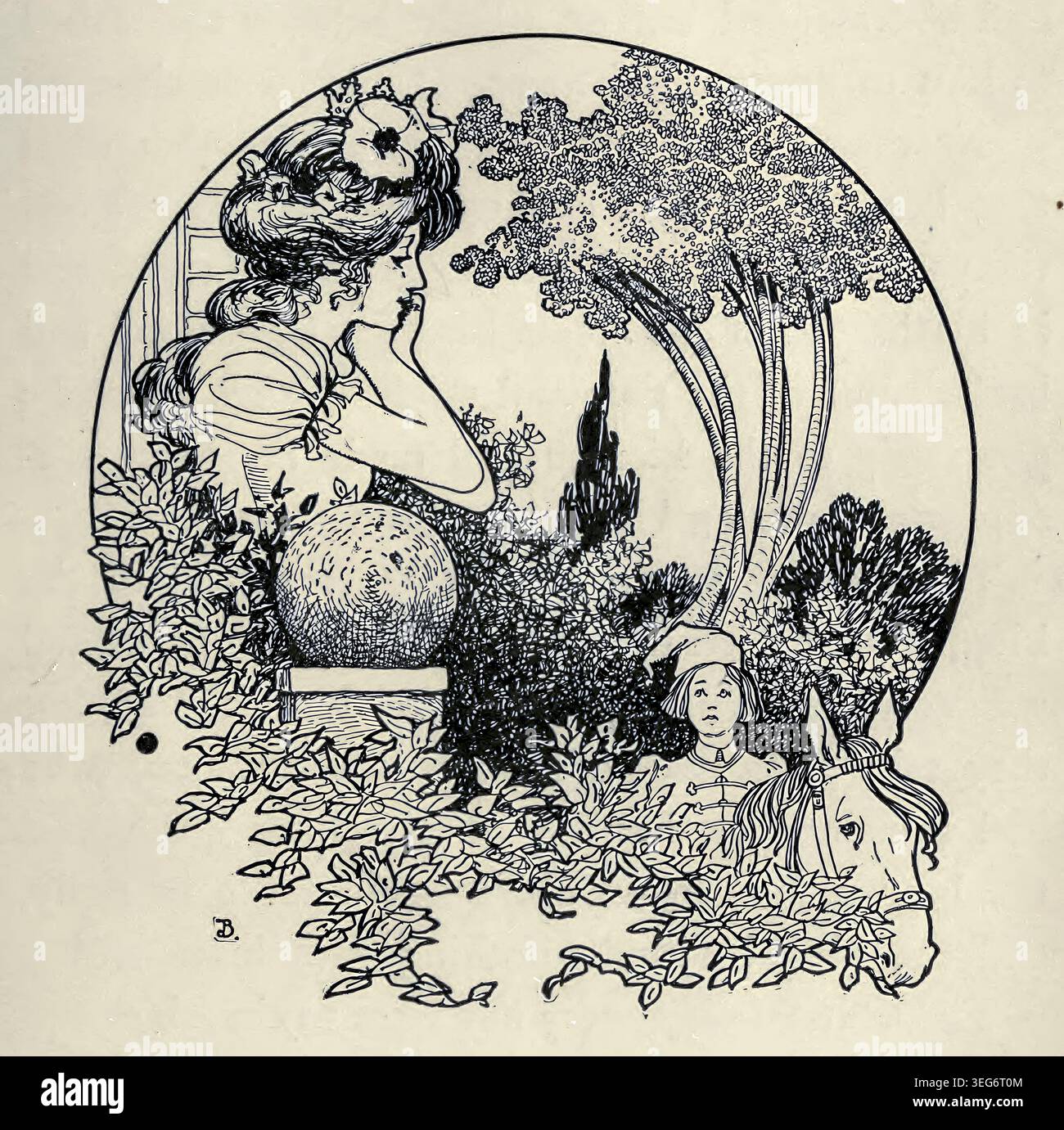 IL MENDICANTE E LA PRINCIPESSA - donna elegante e decorata coiffure guarda un ragazzo con un cappello distintivo e il suo cavallo che sbircia da dietro il lussureggiante fogliame del giardino, un incontro malinconico e segreto da favola. Illustrato da Willard Bonte dal libro delle fiabe di quercia; favole preferite a cura di Clifton Johnson, 1865-1940, pubblicato nel 1905 Foto Stock