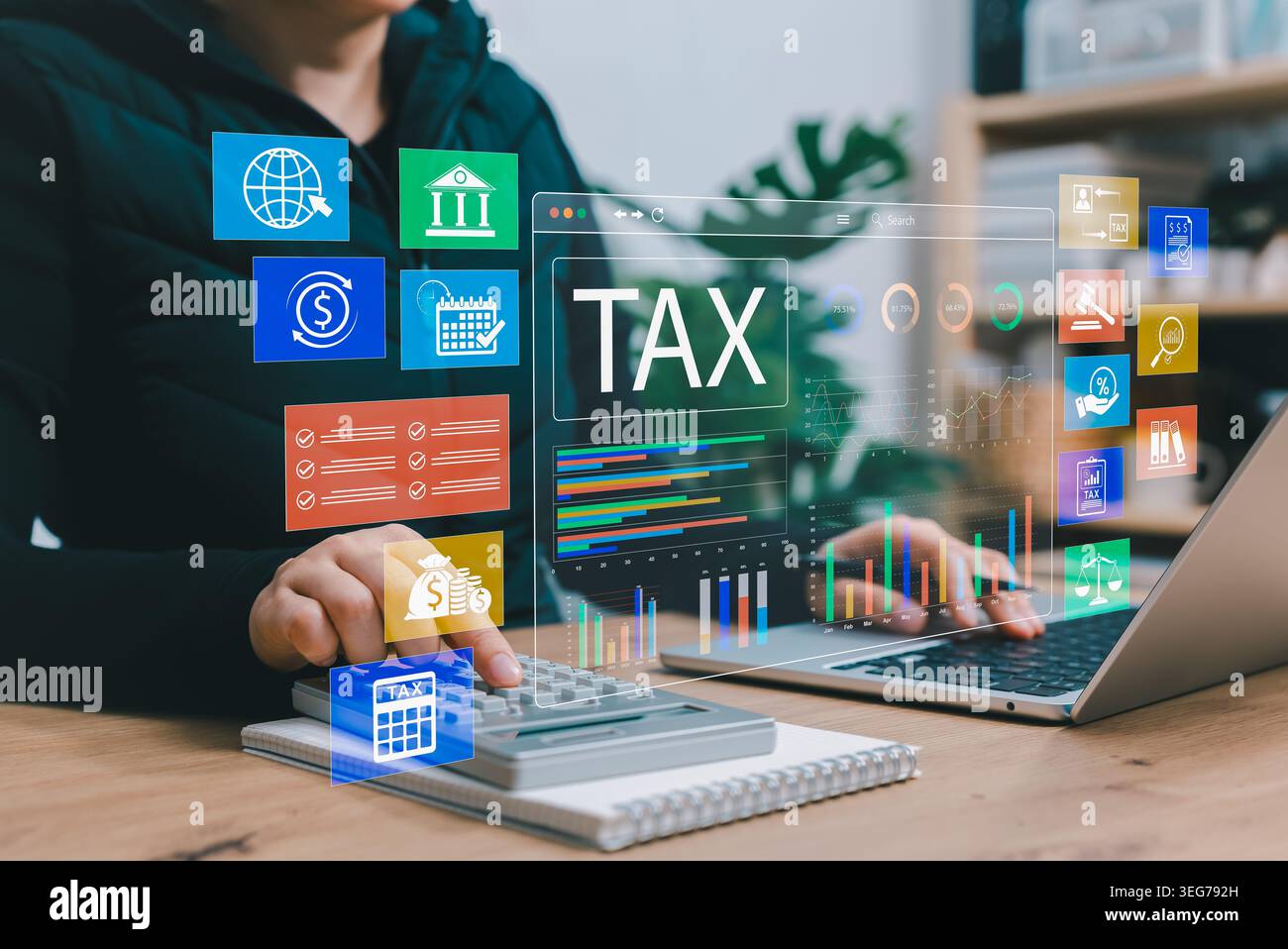 Concetto di gestione fiscale e pianificazione finanziaria. Contribuente che utilizza calcolatrice e laptop con grafici a barre, grafici e icone colorate della schermata FISCALE Foto Stock