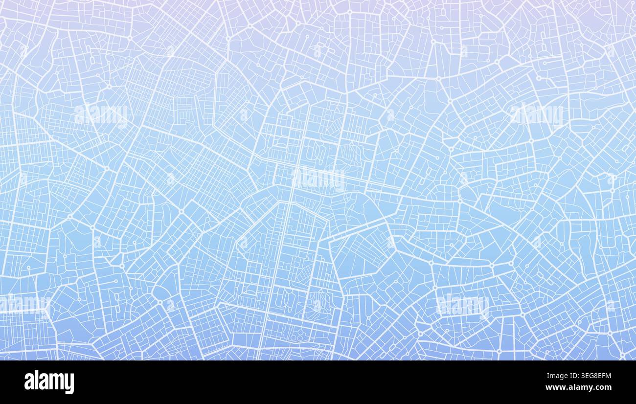 Sfondo blu astratto e viola sfumato della mappa della città con una rete stradale bianca dettagliata e una struttura a griglia urbana. Illustrazione vettoriale. Illustrazione Vettoriale
