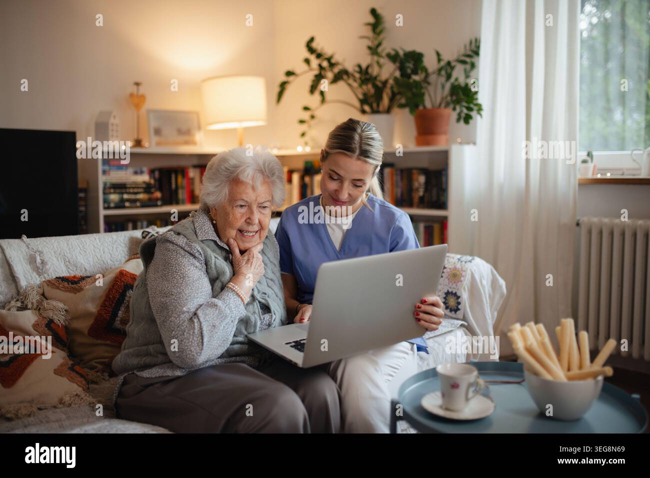 Assistente sociale che aiuta signora anziana a gestire le sue finanze, insegnandole a utilizzare l'online banking su un laptop. Foto Stock
