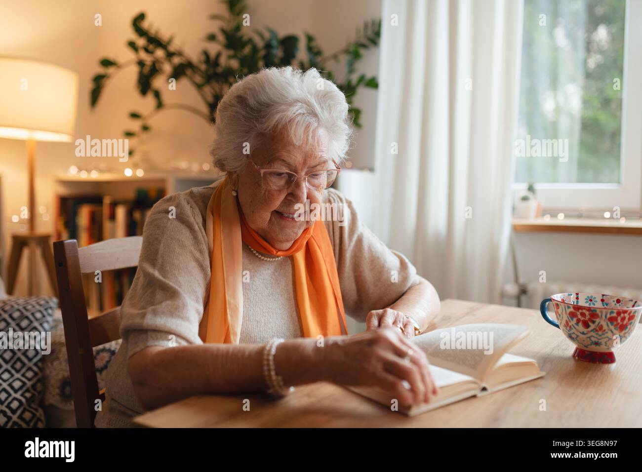Vista laterale di una signora anziana che legge un libro, siede al tavolo della cucina e sorseggia il tè. Foto Stock