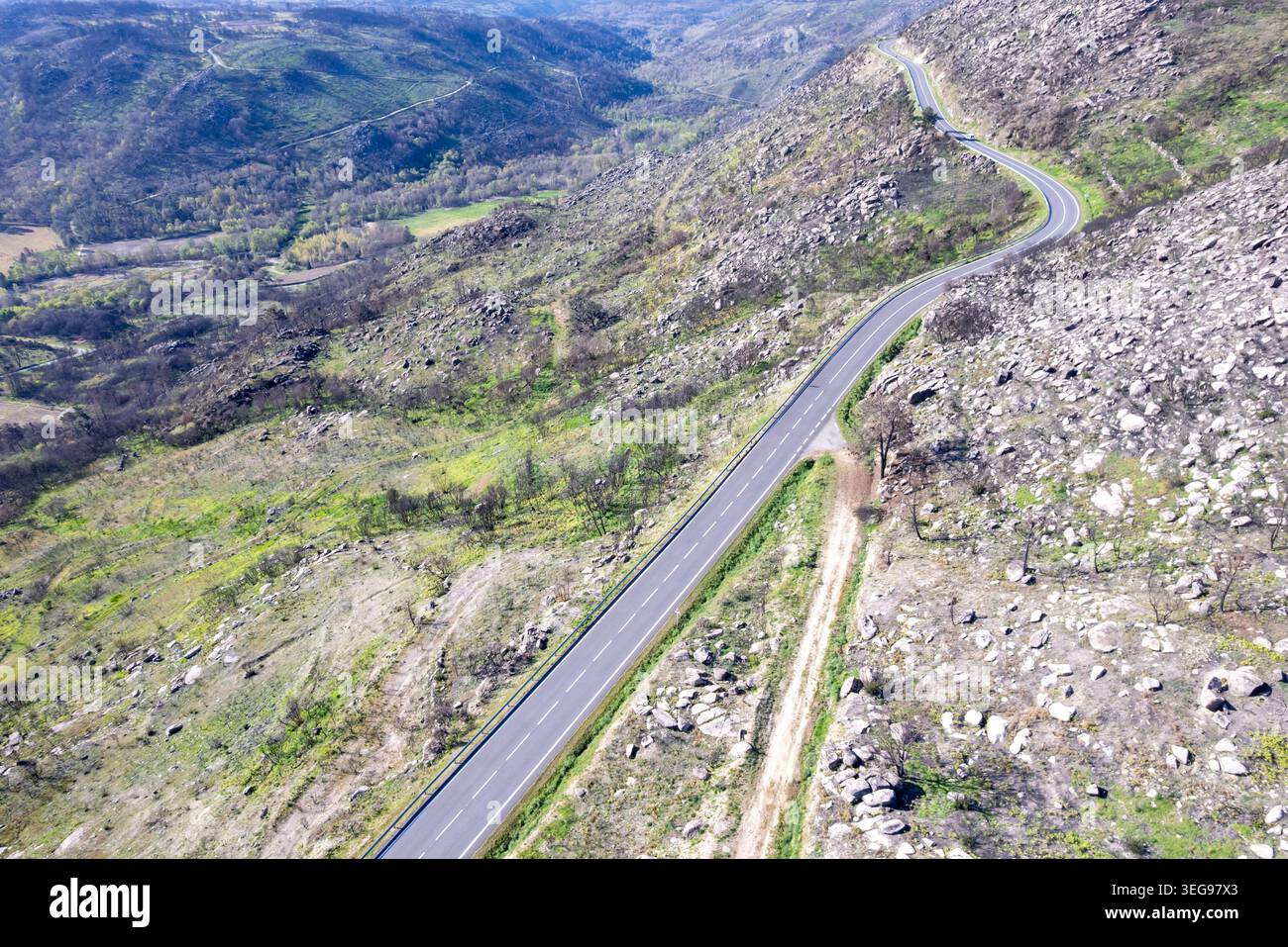Una strada curva serpeggia attraverso un'area collinare che si sta riprendendo da un incendio Foto Stock