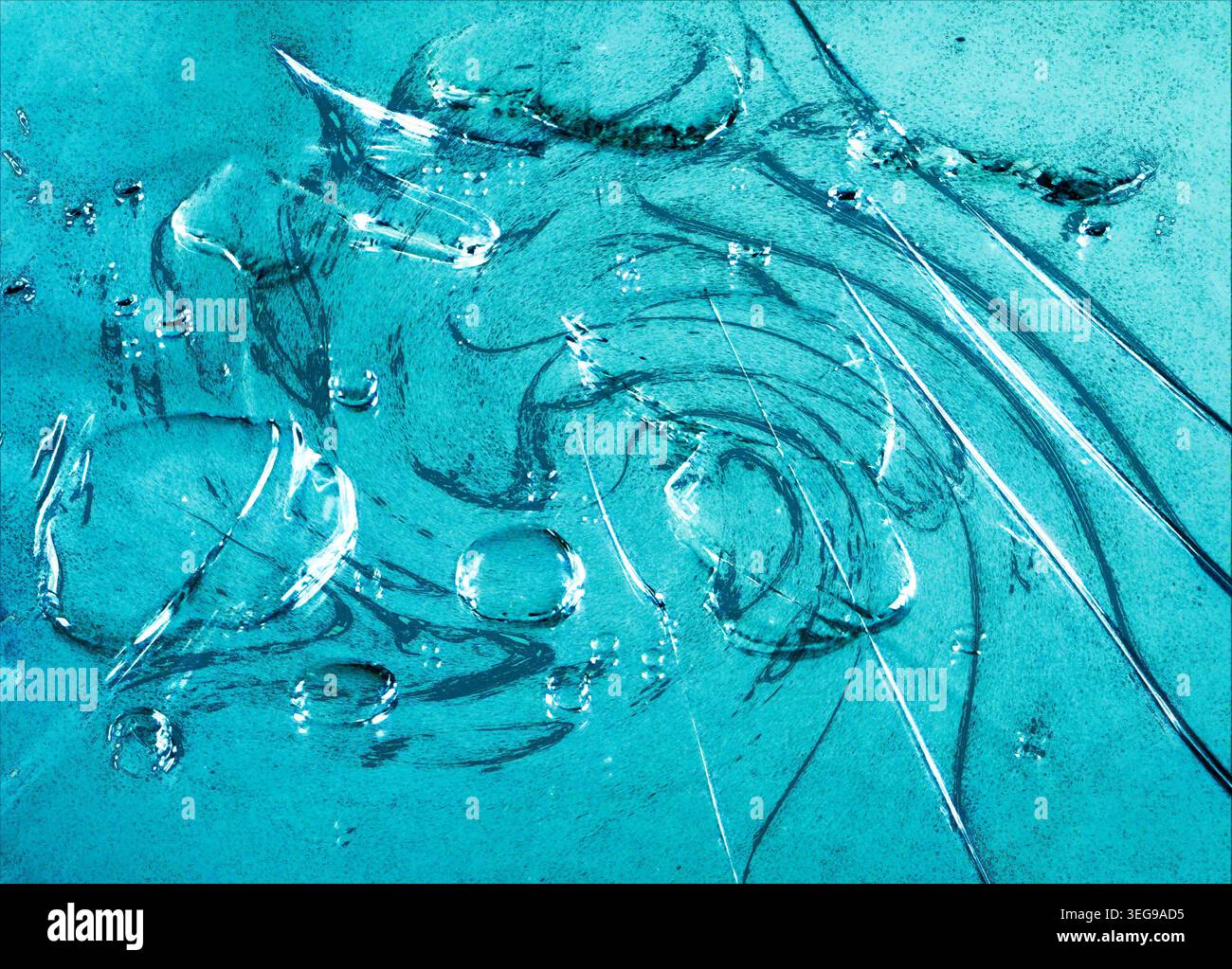 La tempesta di pioggia porta gocce di pioggia, bolle di forma e sfumature di blu. Questa immagine è stata scattata con linee, rughe e bolle d'acqua. Quindi filtri PS applicati. Foto Stock