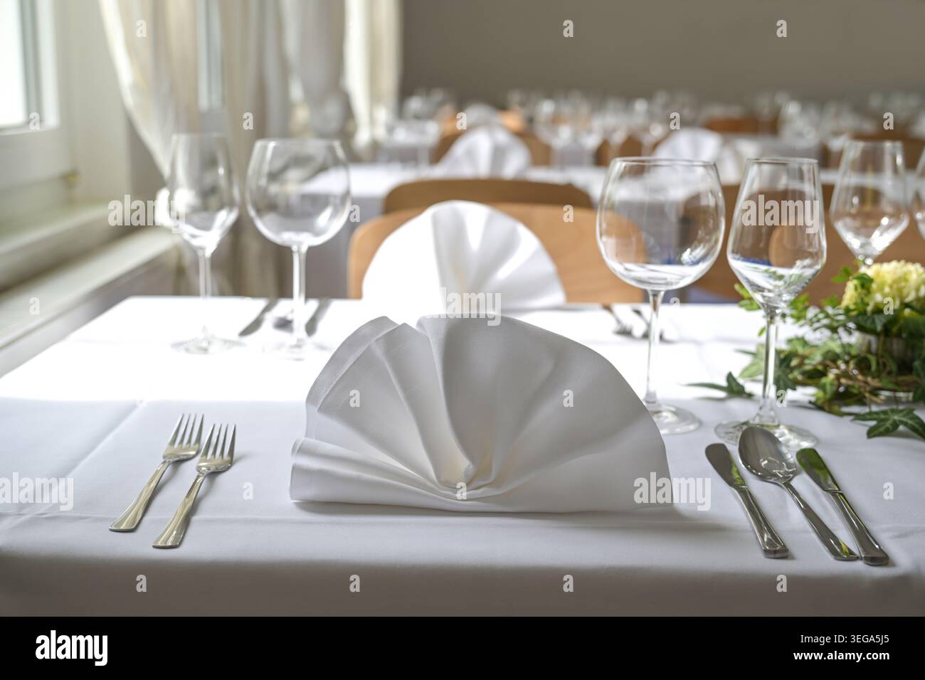 Tavoli per feste in grande sala con tovaglioli bianchi, tovaglie, bicchieri, posate e decorazioni floreali per una grande cena di vacanza, selezione di Foto Stock