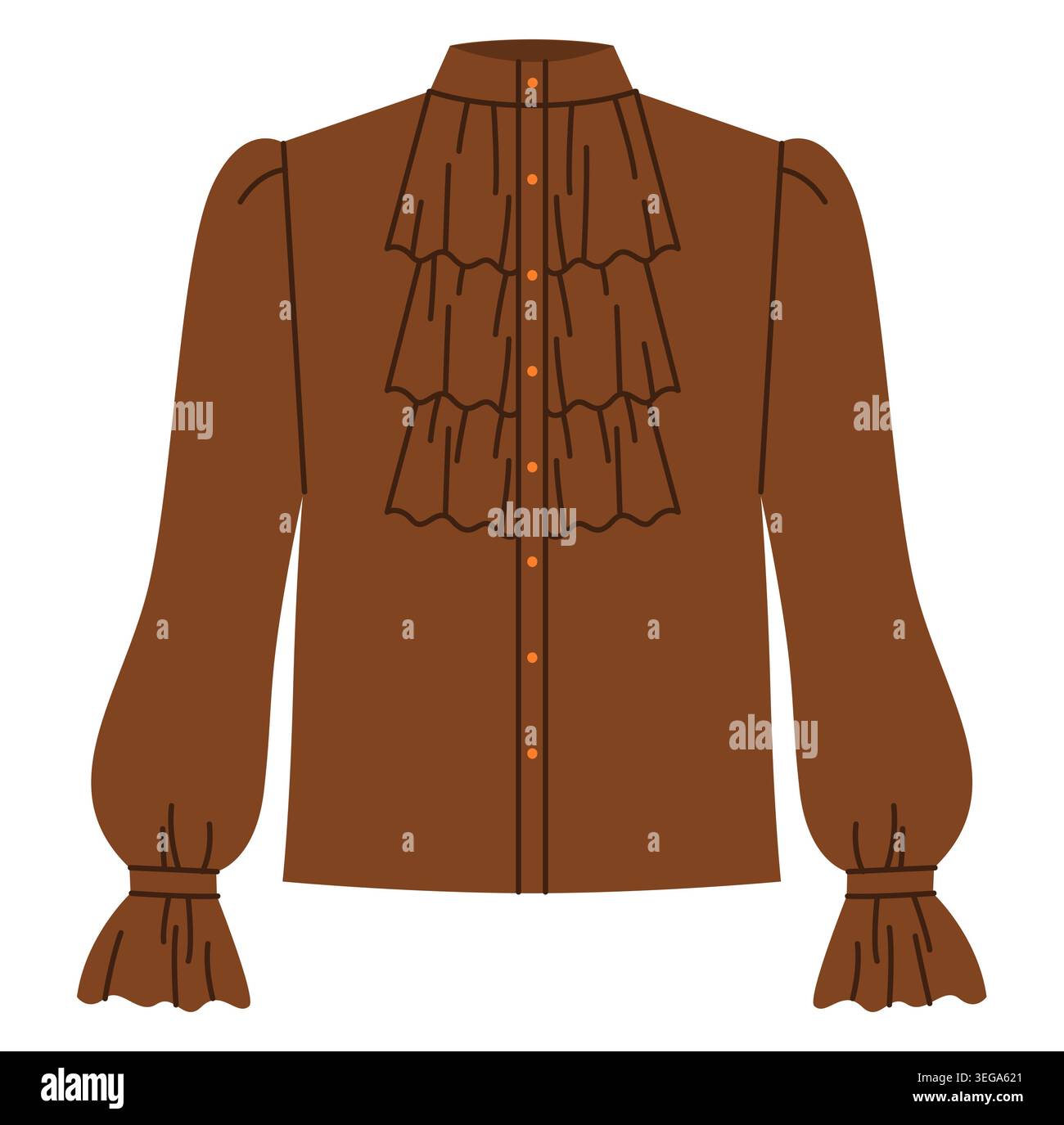 Blusa marrone con scollo alto, pannello frontale con volant a strati e maniche lunghe con polsini e silhouette strutturata e femminile. Vista frontale illustrazione tecnica di moda. Vettore Illustrazione Vettoriale