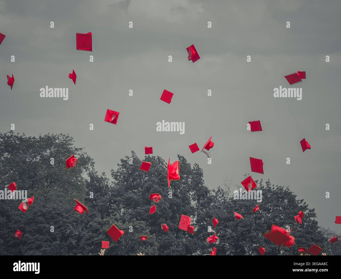 Copricapo rosse che volano in alto in un cielo grigio sopra una folla che celebra i loro risultati accademici durante una cerimonia di inizio Foto Stock