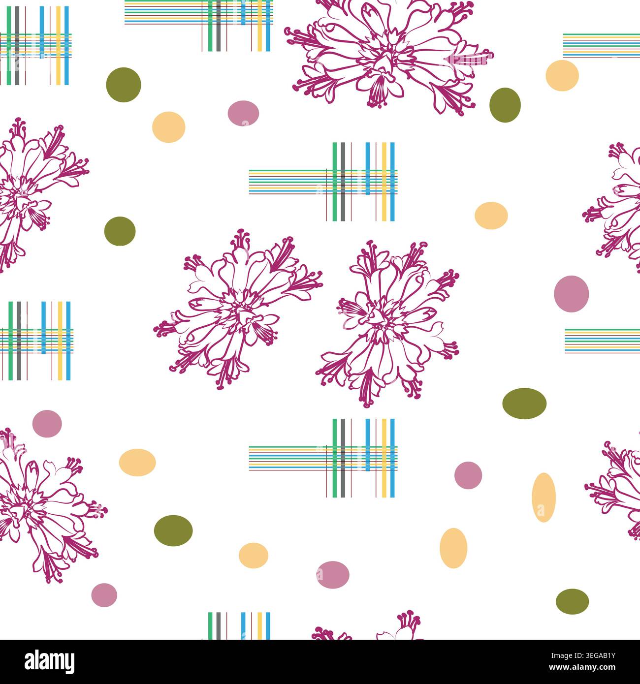Motivo floreale e geometrico senza cuciture con fiori astratti, linee a quadri e puntini colorati su sfondo chiaro. Illustrazione Vettoriale