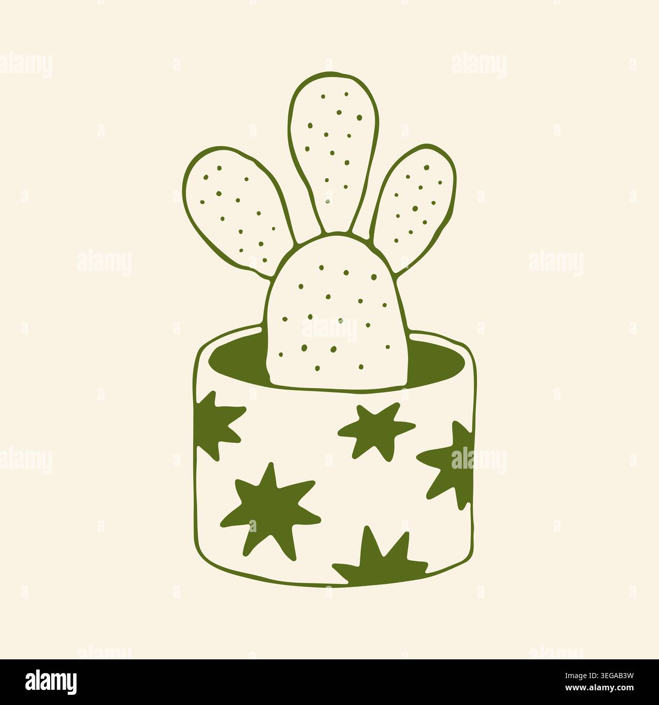 Graziosa illustrazione vettoriale disegnata a mano di un cactus di fichi d'India di Opuntia in un elegante vaso decorato con stelle. Arte minimalista della linea botanica per il deserto Illustrazione Vettoriale